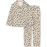 Topgal Comfy Coat Style Pajamas for Girls - Leopard, Cat & Bows Graphic Print Button Down Long Sleeves PJ Set Size 6-18