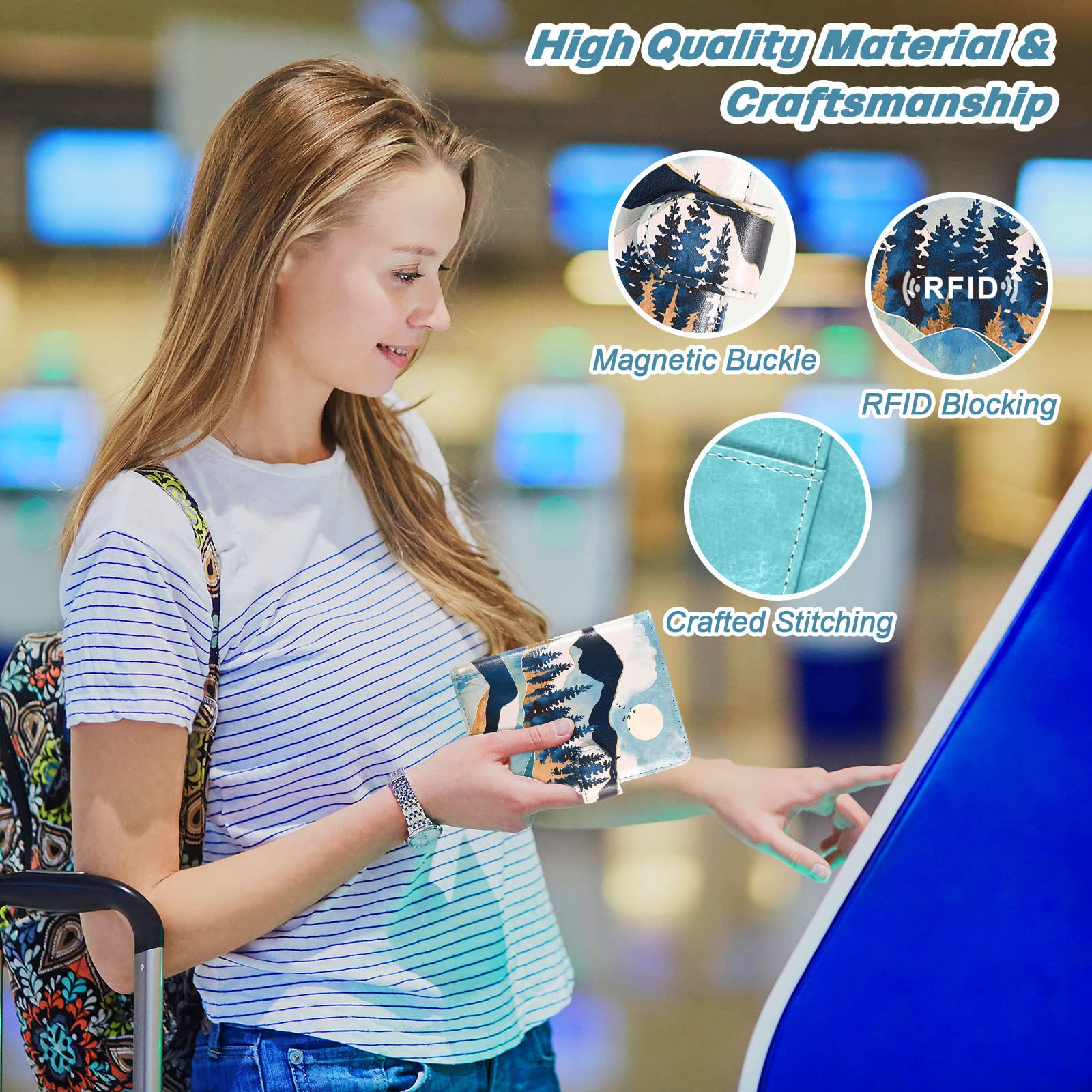 DMLuna Passport Holder Premium PU Leather Travel Passport Wallet RFID Blocking Passport Cover Case Travel Documents Organizer with Pen Holder, for Women and Men - Hill Flower