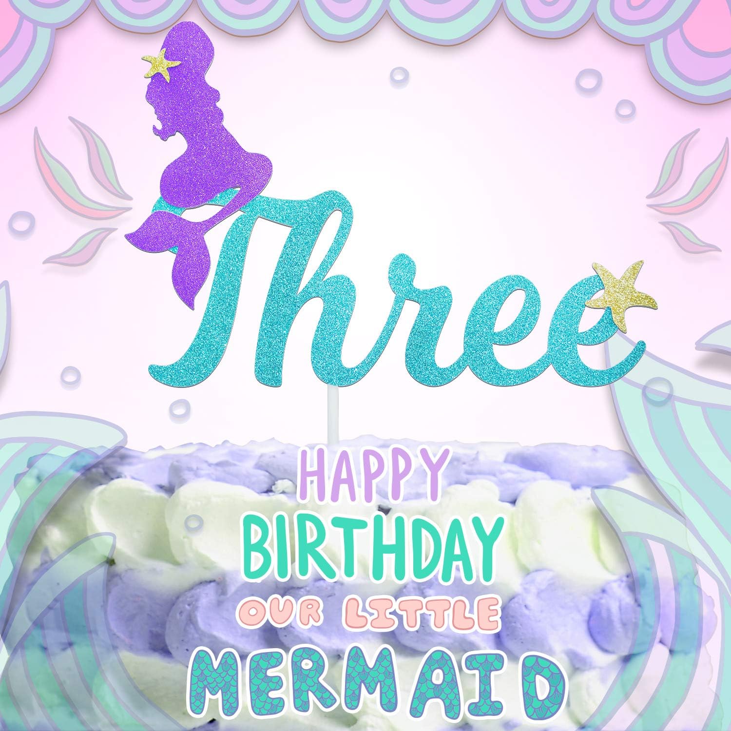3rd Mermaid Happy Birthday Cake Topper Blue Gold Glitter Under The Sea Theme Photo Décor Picks for Baby Shower And Wedding Party Three Year Old Decorations Supplies