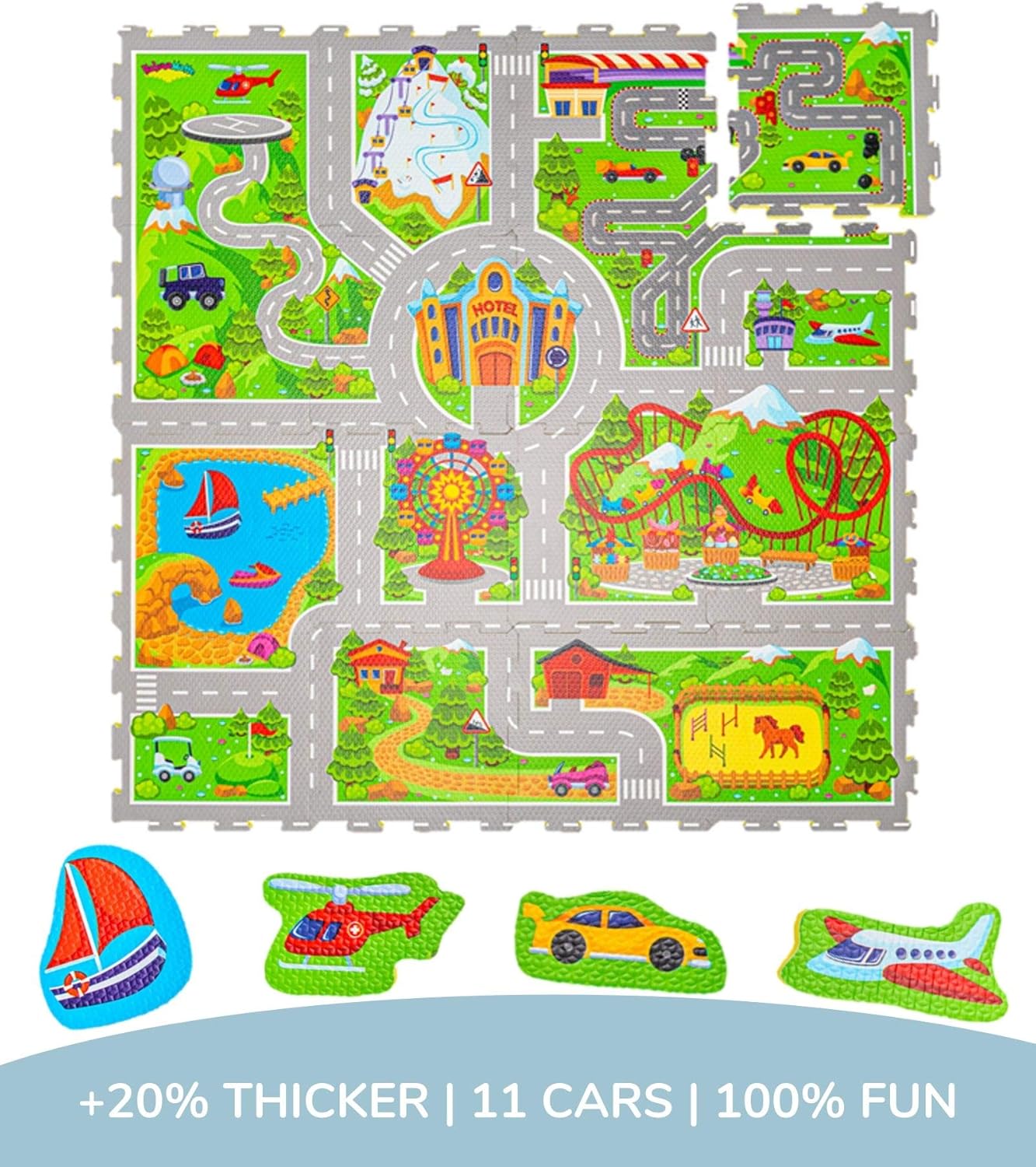 Hakuna Matte Children's City Puzzle Rug 1.2 x 1.2 m, 16 Interlocking Foam Tiles, Children's Rug 20% Thicker and Soft