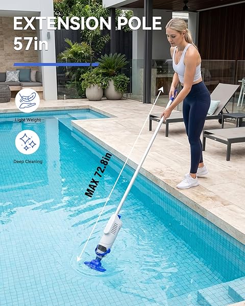 NICHRO POOL VACUUM FOR ABOVE GROUND POOL, CORDLESS HANDHELD POOL VACUUM WITH 18 GPM SUCTION, 60 MIN RUNTIME, RECHARGEABLE POOL CLEANER WITH ALUMINUM POLE & BRUSH HEADS FOR INGROUND POOLS, SPA, HOT TUB