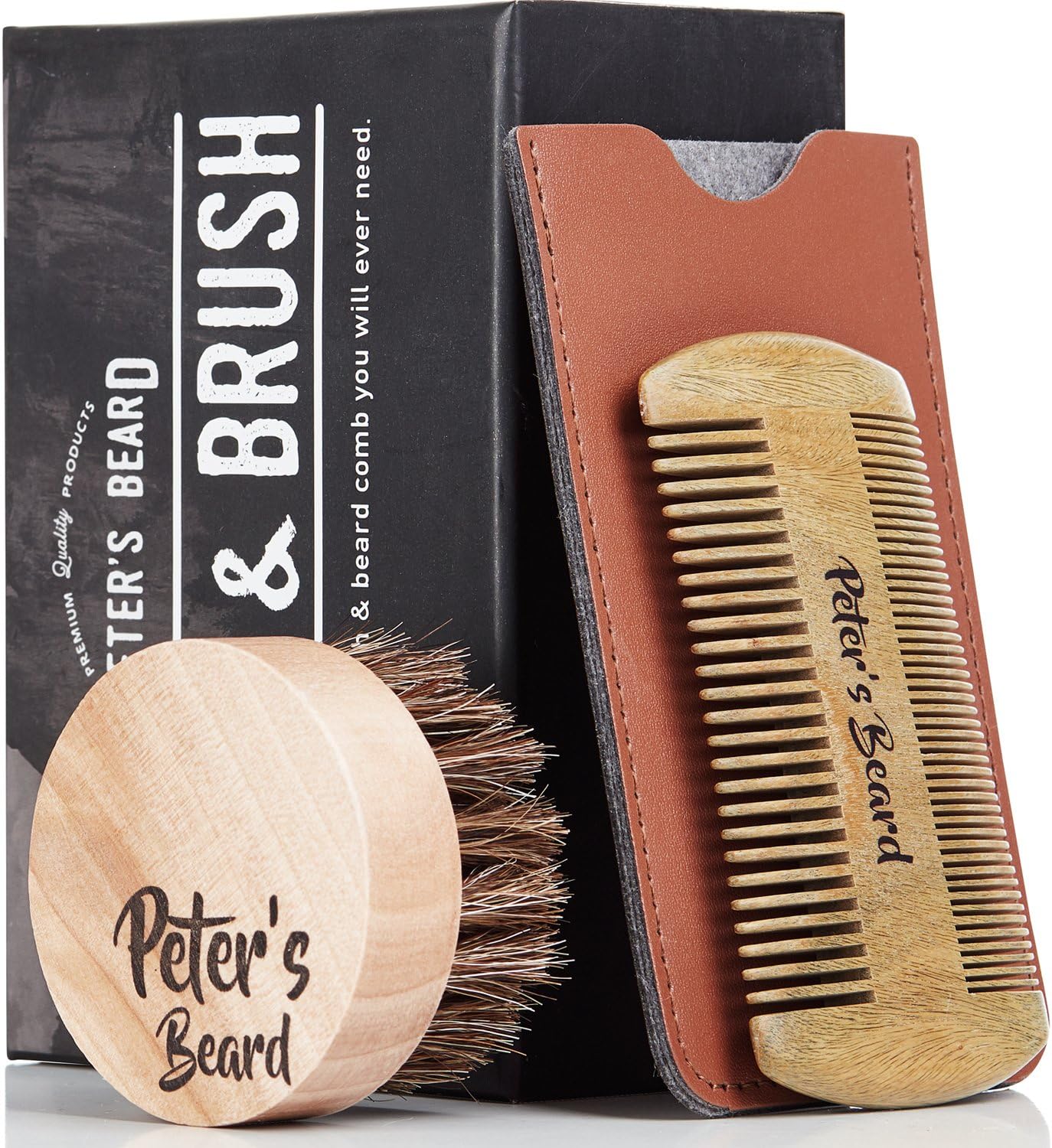 Premium Beard Brush & Comb Set - Ecological & Ergonomic Anti Static Natural Sandalwood Comb and Natural Soft Horse Hair Bristle Brush - Perfect for Beard Balms & Oils - Comes in Gift Box