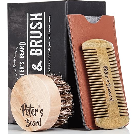 Premium Bartbürste und Bartkamm Set - 2 PACK - Antistatische und Ökologische Bartpflege Set - Natürliche Sandelholzkamm & Nat