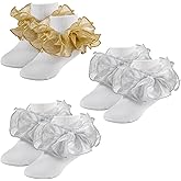 MKYSZLT Girls Ruffle Socks Toddler Girl Gold Silver Glitter Double Lace Frilly Dress Socks Turn Cuff Sparking Pageant Sock