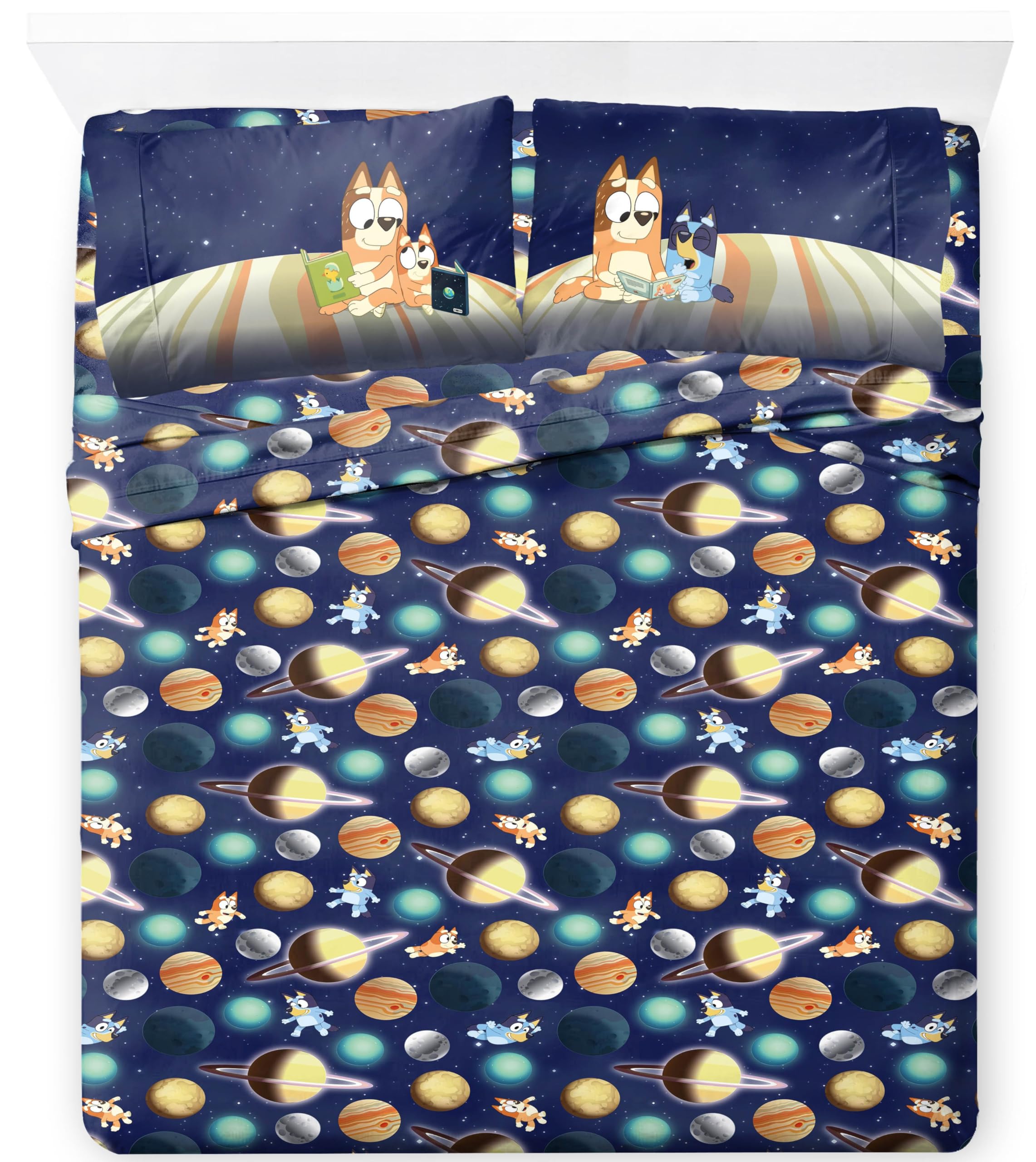 Photo 1 of Jay Franco Kids Sheet Set with Fitted, Flat Sheets & Pillow Cover - Ultra-Soft Bedding with Pillowcase for Room Decor, Blue - Bluey & Bingo, 4 Piece Full