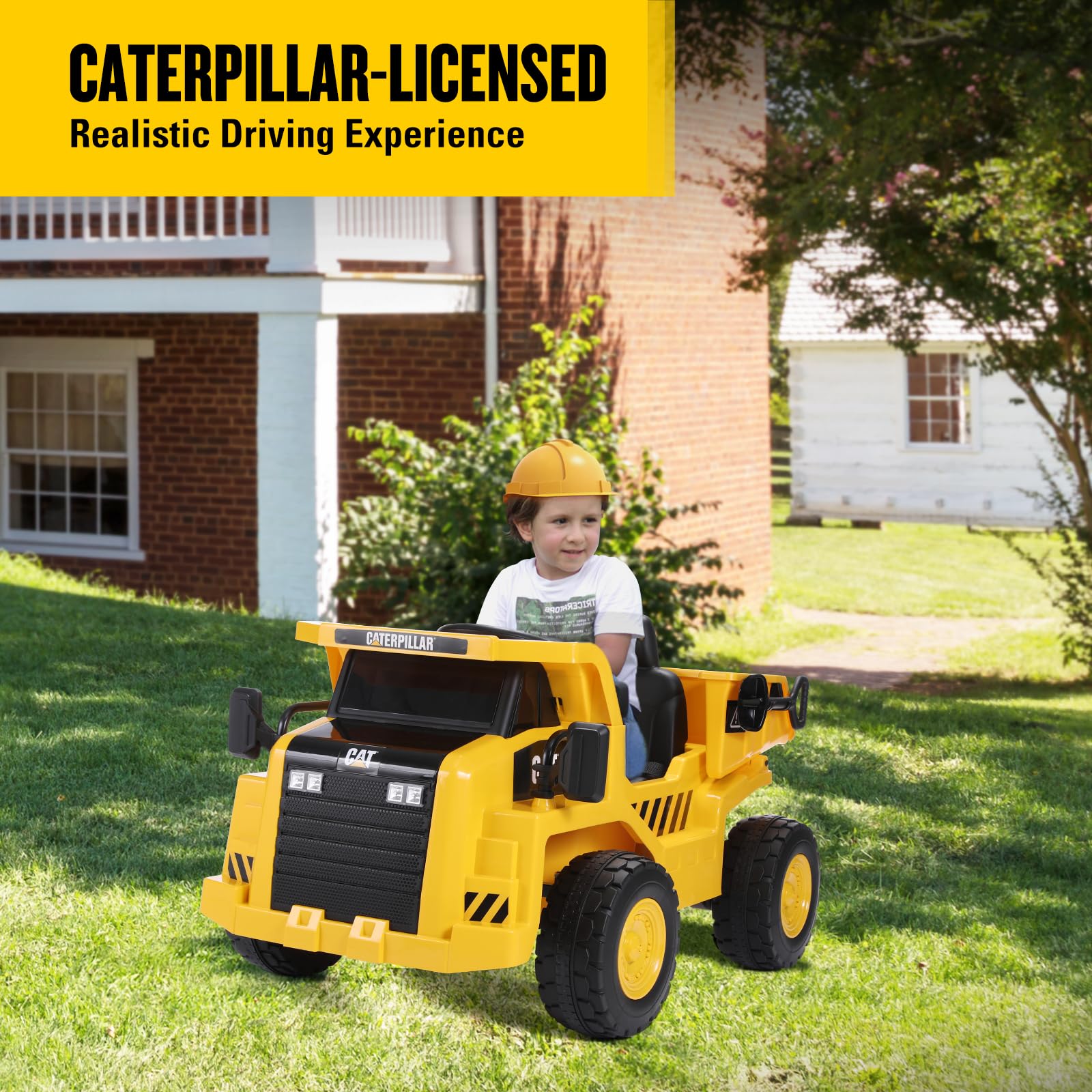 DASHINGNOAH Licensed Caterpillar 12V 7AH Ride on Dump Truck, Kids Electric Cars with Remote Control, Dump Bed, Shovel, LED Lights, Bluetooth/MP3/USB, Battery Powered Cars for Kids to Drive
