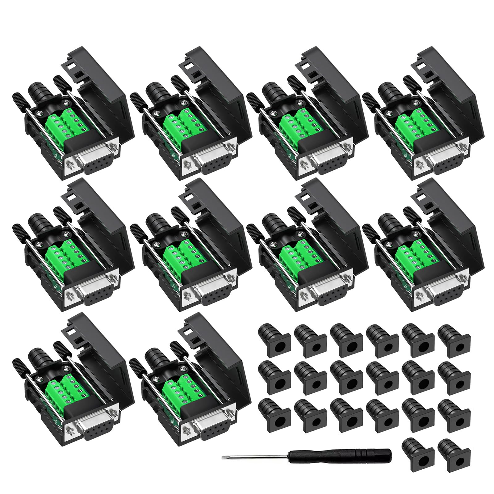 YIOVVOM DB9 Breakout Connector, Female 9 pin RS232 connectors, Solderless D-SUB RS485 Serial Adapter Module Board with Screw Terminals, Case, Long Bolts 10 PCS