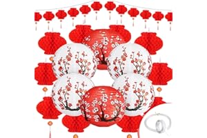 YORR Chinese New Year Decorations 26Pack,12in plum blossom Red white Paper Lantern with Tape and String,8in japanese decor for New Year Eve Decor,Home,Restaurant Party