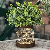 Farmhouse Rustic Glass Vases Primitive Country Lantern Coffee Dining Table Centerpiece Green Fake Artificial Eucalyptus Plants with Light Home Decor for Shelf Desk Counter Kitchen Bathroom