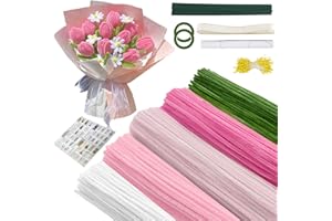 SYKART 400 Pcs Pipe Cleaner Flower kit with Wrapping Paper, 5 Colors Pipe Cleaners Craft, Chenille Stems Flowers Craft kit with Flower Stems, Floral Tape, Stamen, Ribbon (Pink)