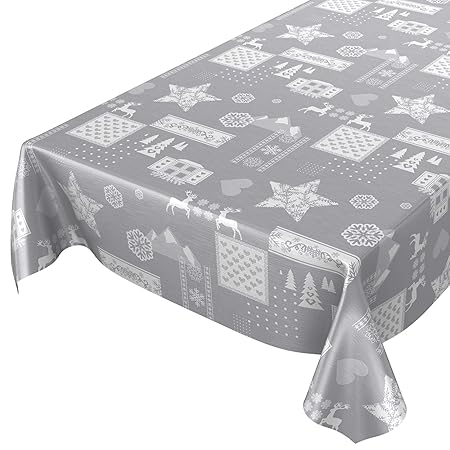 ANRO Wachstuchtischdecke Wachstuch abwaschbar Tischdecke Weihnachten Weihnachtsstimmung Silber 240 x 140cm, Schnittkante