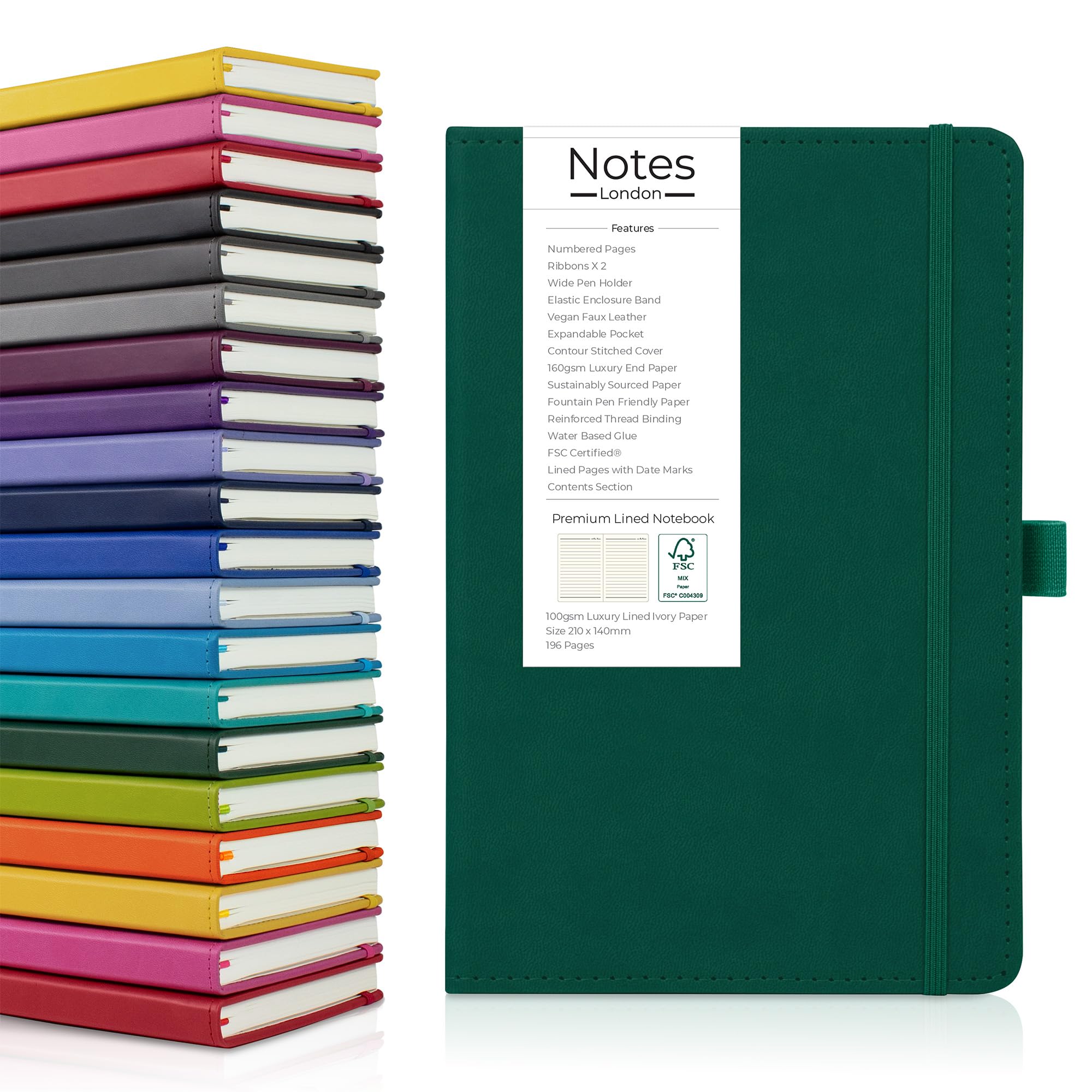 Notes London Luxury Italian style A5 Notebook with Stitched Hardcover, 100gsm Lined Numbered & Date Marked Pages, 2x Ribbons, Pen Loop, Contents Page, Paper Pocket, Medium Journal, Sustainable (Green)