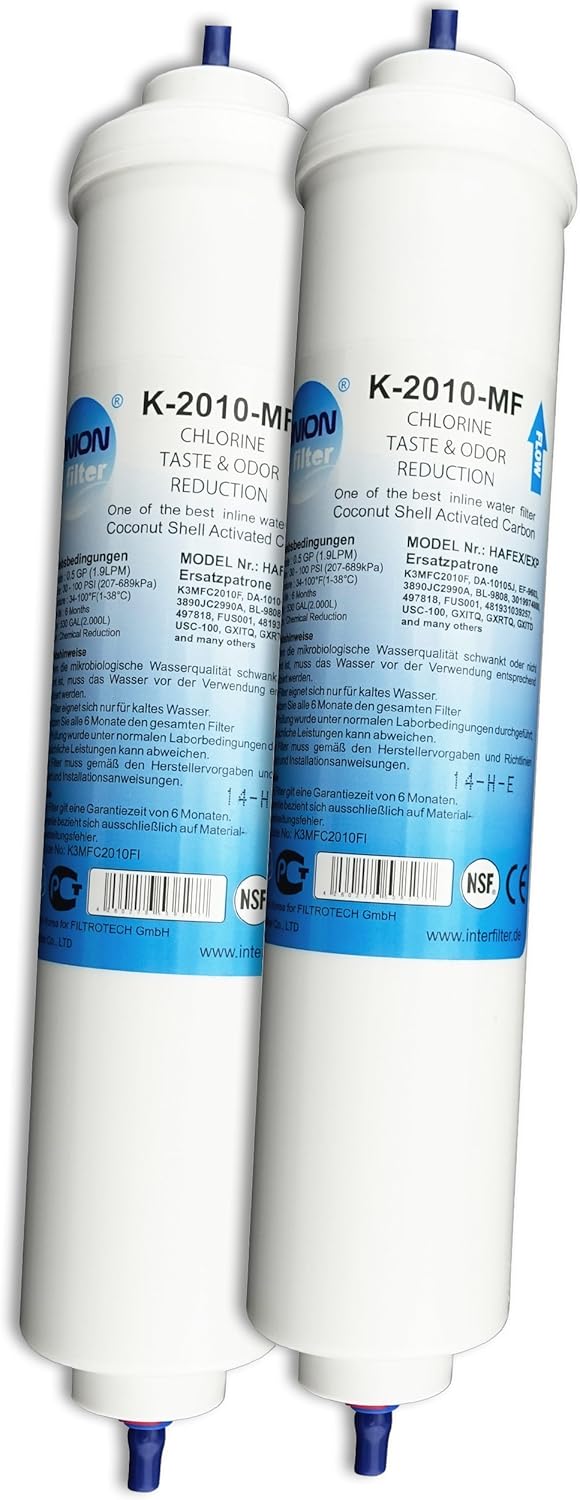 UN-2. Doppelpack Wasserfilter für Samsung, LG, Side by Side Kühlschrank Filter extern. Schlauchanschluss ist fest integriert.