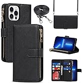Jaorty for iPhone 13 Pro Phone Wallet Case with Card Holder, Crossbody Strap Shoulder Lanyard, Zipper Pocket PU Leather Case, 6.1" Black