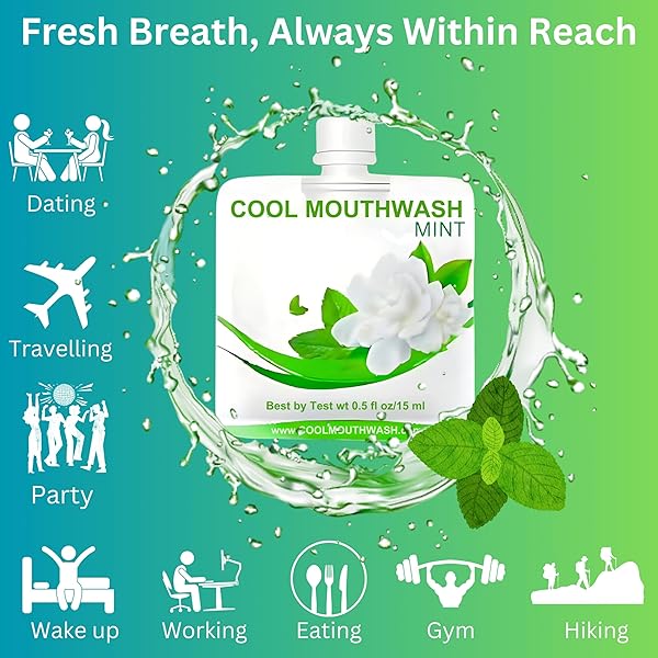 BEST BY TEST COOL MINT TRAVEL MOUTHWASH, ORAL CARE FRESH BREATH MOUTHWASH, WHITENING MOUTHWASH, ALCOHOL FREE MOUTH WASH, BAD BREATH TREATMENT FOR ADULTS, 0.5 FL OZ, PACK OF 6