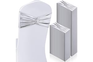 Hahafelt 100 pcs Chair Sashes Shiny Bow Spandex Bands for Chair Wedding Banquet Parties Reception Restaurant Decoration, Sliver