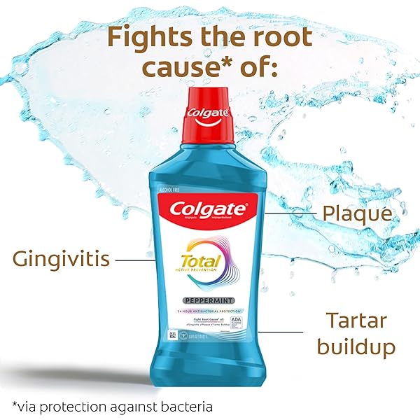 COLGATE TOTAL ALCOHOL FREE MOUTHWASH, NON BURNING PEPPERMINT FOR BAD BREATH, HELPS PREVENT GINGIVITIS AND PLAQUE, NO-ALCOHOL MOUTHWASH, PEPPERMINT, 1.0 L