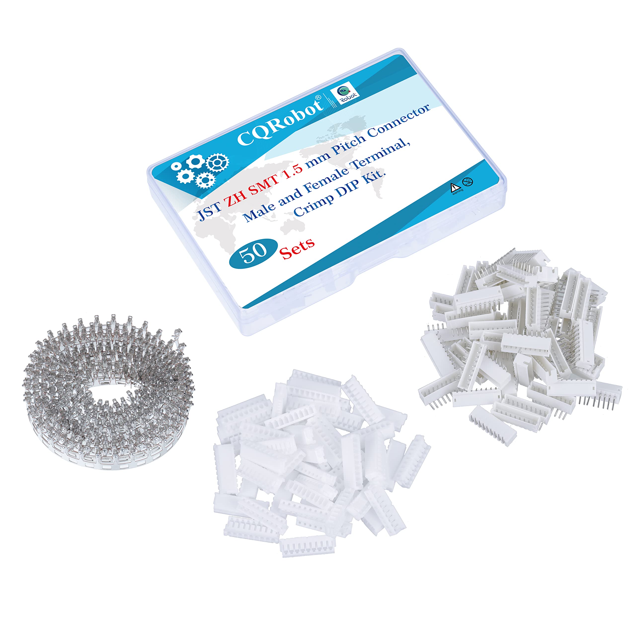 CQRobot JST ZH SMD 1.5 mm Pitch 9-Pin Electronic Computer Connector IC Male Plugs, Female Sockets Housing and T-Shaped Crimp Terminal Kit. 50 Sets/550 Pieces Wire-to-Board Adapter Cable Assembly.