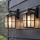 KDG Outdoor Waterproof Patio Wall Light Fixtures Set of 2, Black E26 Socket Exterior Lanterns with Tempered Glass, Modern Wal