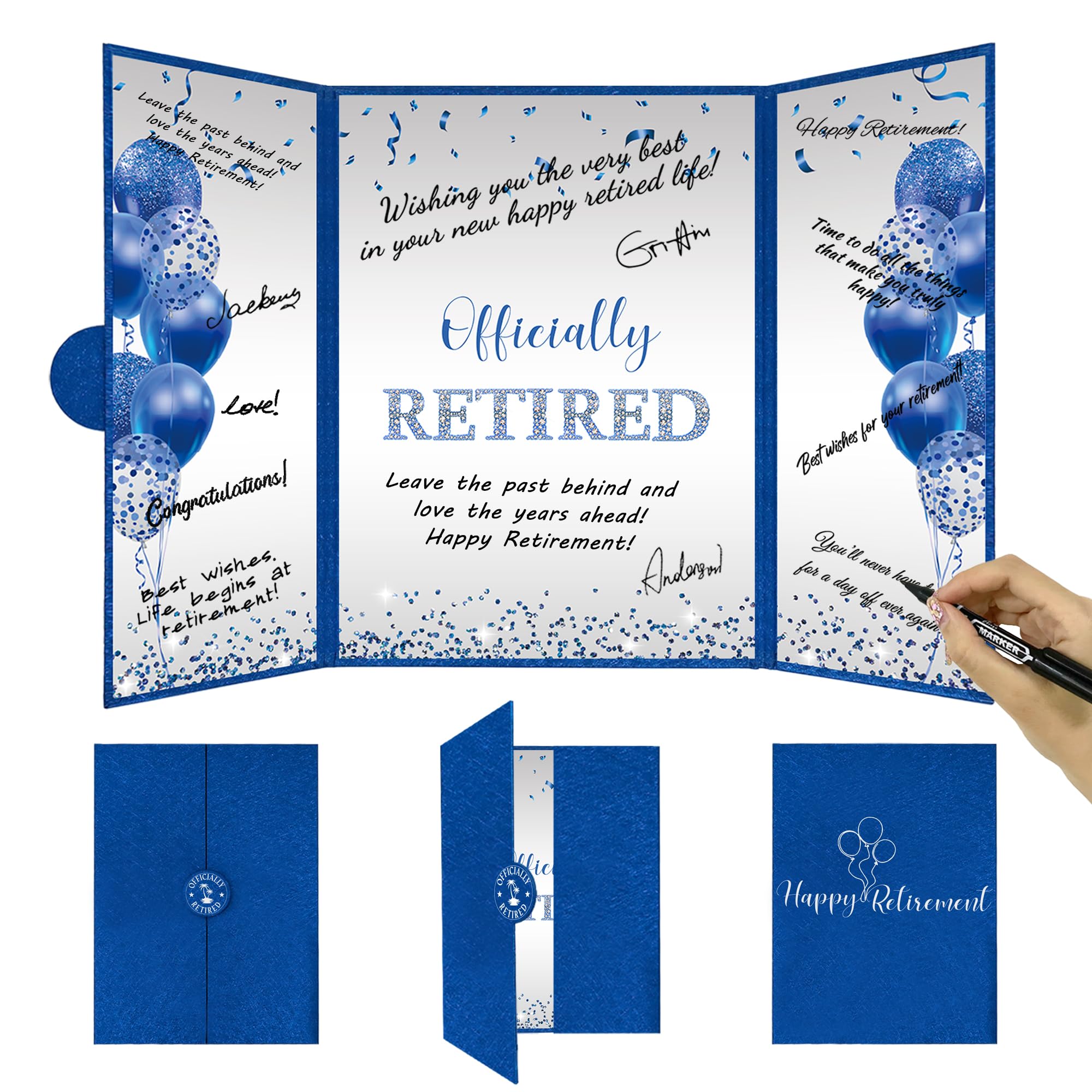 Photo 1 of DARUNAXY Blue Silver Retirement Party Decorations, Officially Retired Alternative Signature Guest Book for Men Women Happy Retirement Gifts Signing Card Board for Retirement Farewell Party Supplies