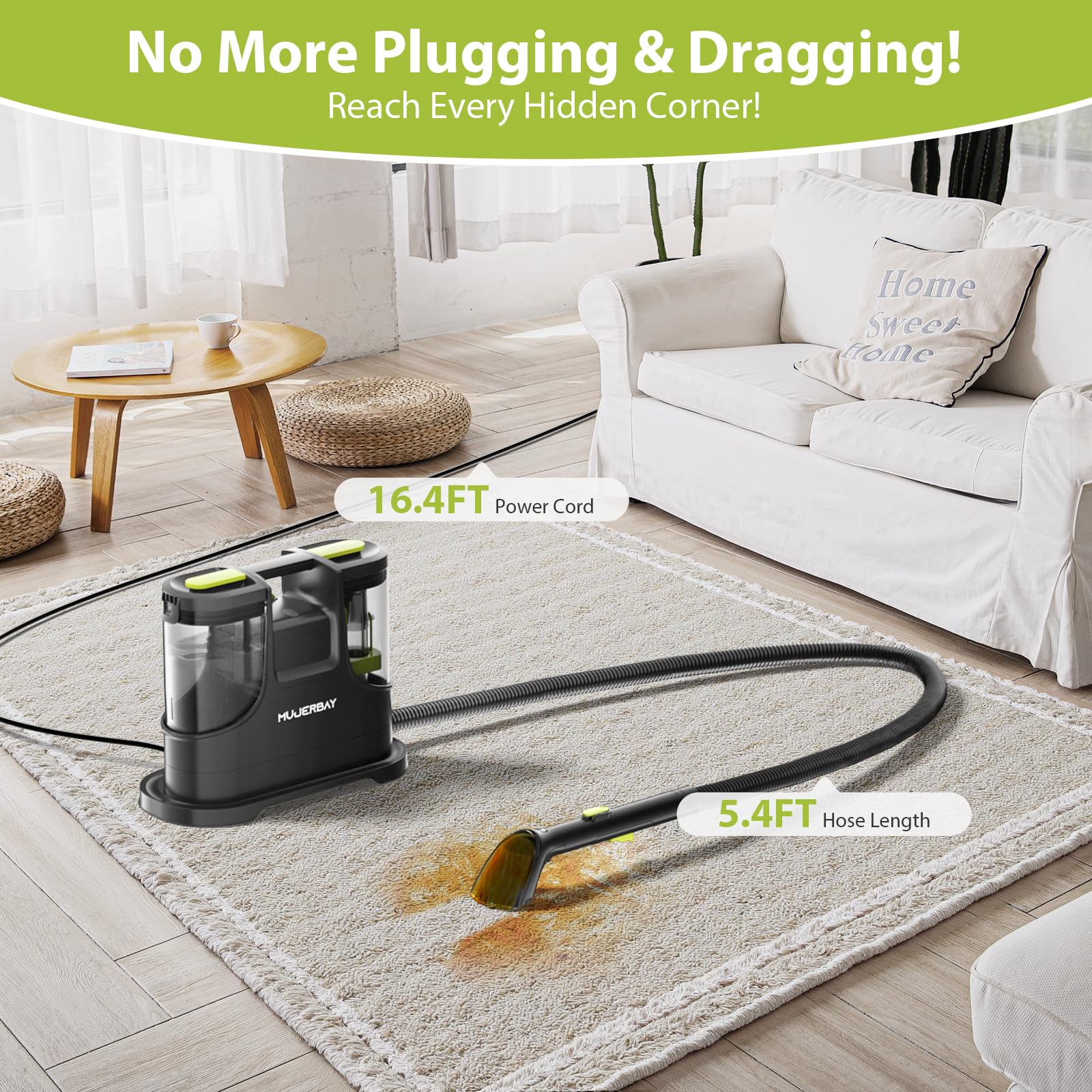 Photo 1 of Carpet Cleaner, MUJERBAY 15Kpa Portable Spot and Stain Cleaner Machine, Easy Move with Handle, 1.5-inch Deep Cleaning Shampooer for Couch, Stairs, Car and Pet Messes. (Black)