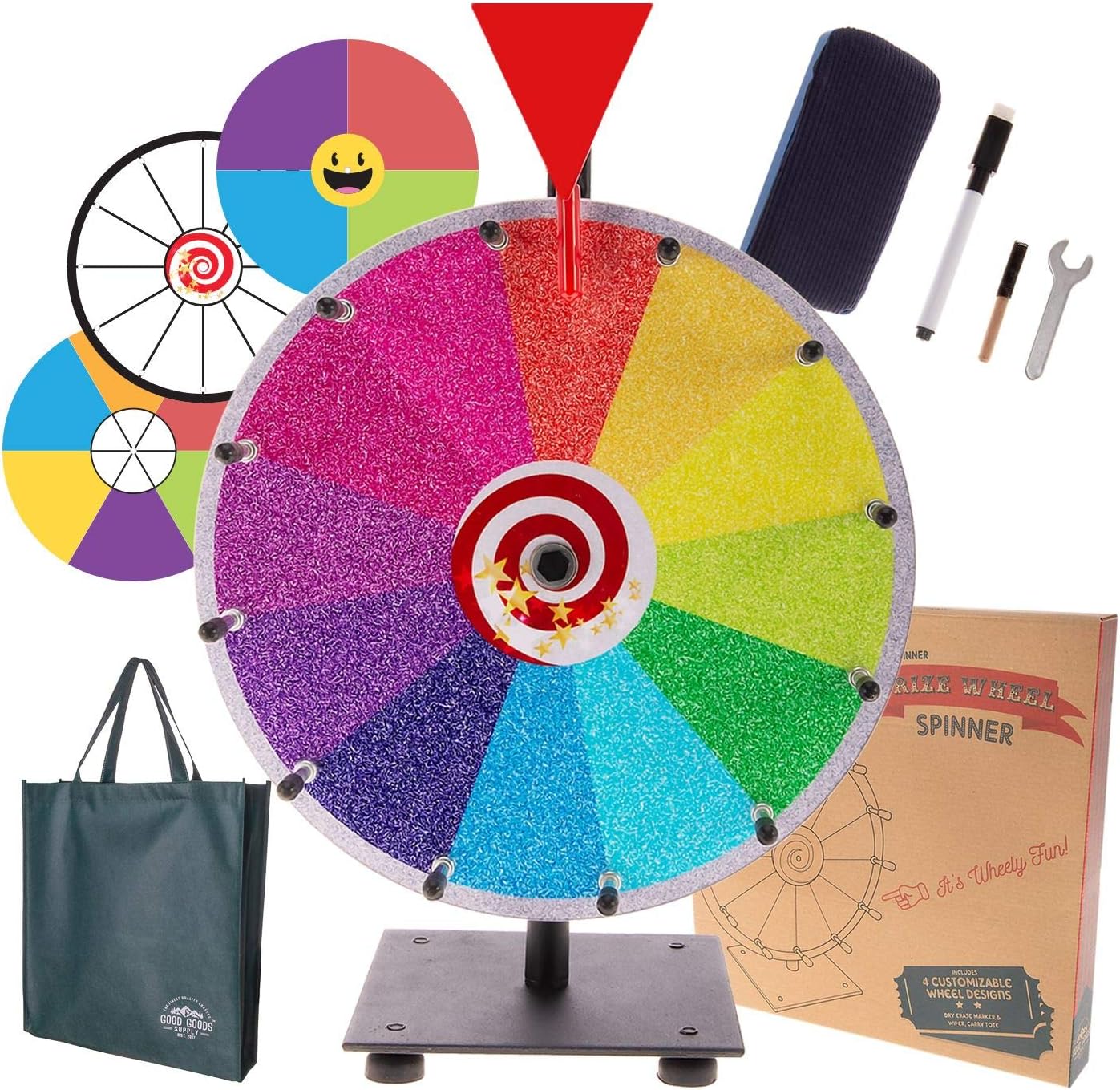 Prize Wheel Spinning Wheel for Prizes - Dry Erase Spin Wheel Game Small 12" inch Tabletop Stand Spinner Board with 4 Color & White Wheels, Marker Pen, Eraser & Bag | Win Fortune Raffle Carnival Games
