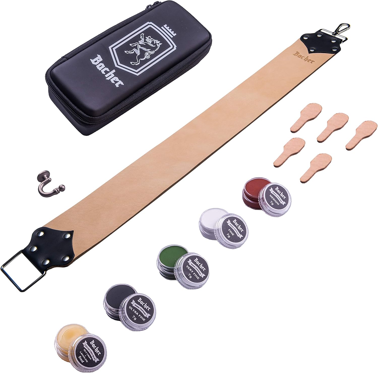 Bacher Shaving Strop Belt with Honing Compounds, Premium Straight Razor Strop Set, Wide Leather Strop Razor Sharpener