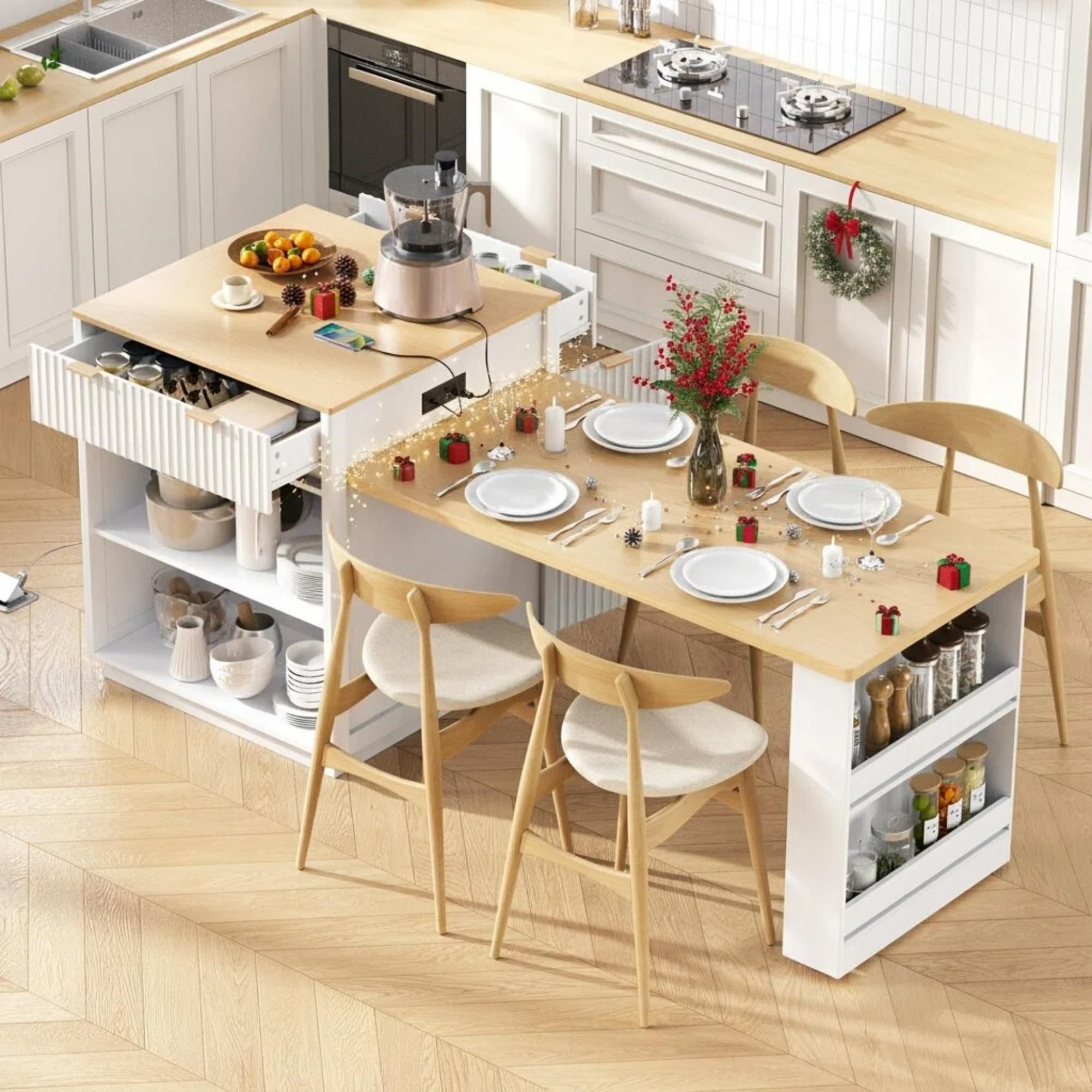 Photo 1 of *** BOX ONE OF TWO ONLY***Trygoal 82.6" Fluted Kitchen Island with Extendable Dining Table for 4-6, Kitchen Storage Islands with Power Outlet, Storage Islands Cart with Double-Side Storage & 2 Side Open Shelves, White