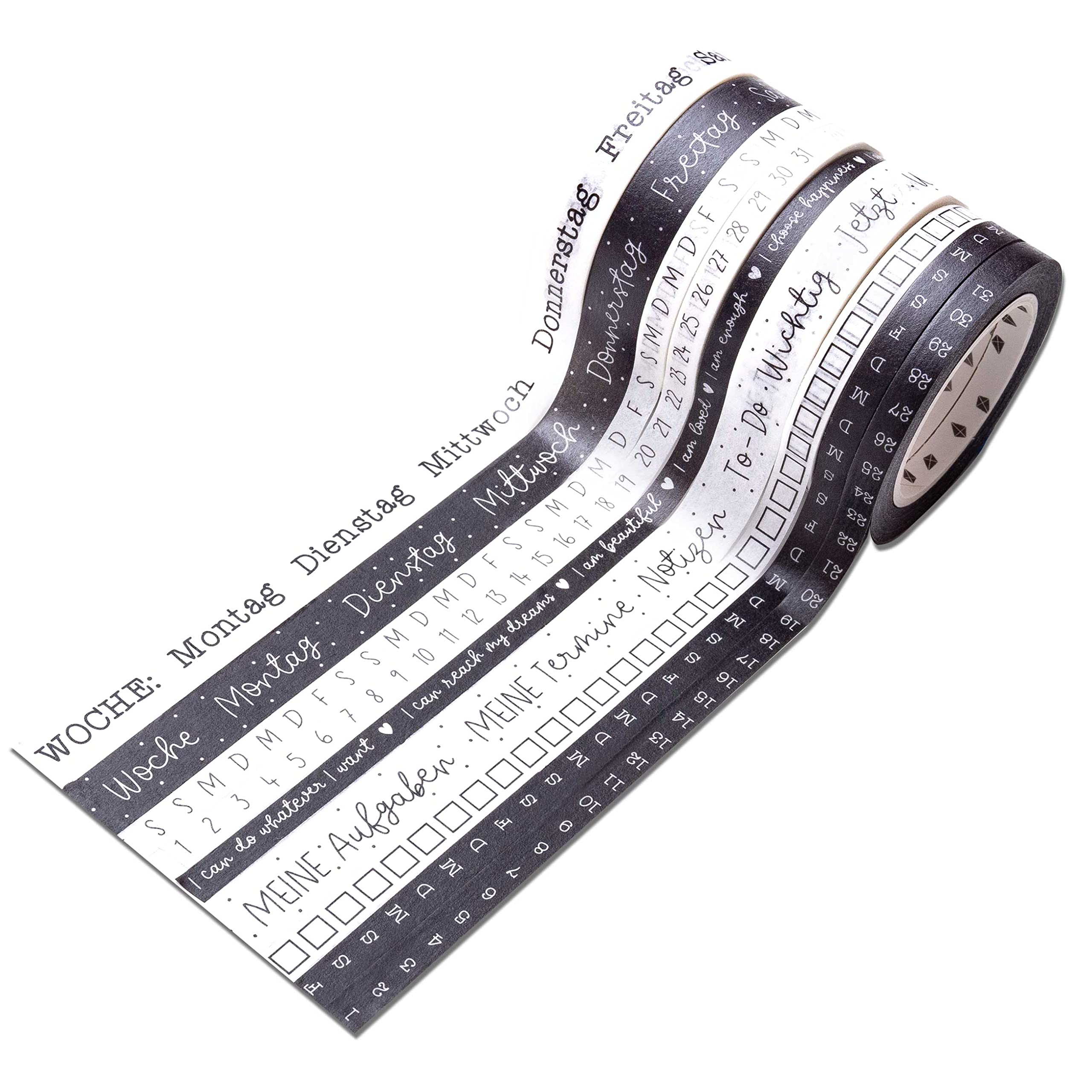 Papierdrachen Set of 9 Washi Adhesive Tapes for Your Bullet Journal, Hand Lettering, Days of the Week, Simple Sticking, To-Dos, Weekly Schedule, Tasks, Ideal For