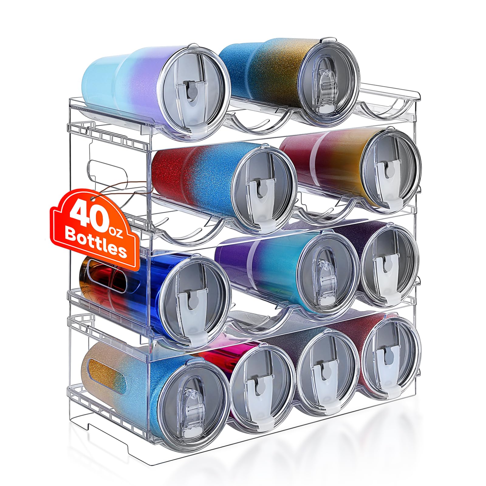 Photo 1 of **MISSING PARTS** Large Compartment Water Bottle Organizer,4 Tier Stackable Water Bottle Rack for Cabinet,Tumbler Storage Organizer for Kitchen,Fridge,Cabinet Organization and Storage,Clear Water Bottle Storage Rack
