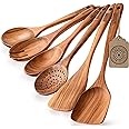 Boxiki Kitchen Luxury Teak Wood Utensil Set - Elegant 6-Piece Cooking Ensemble Including Spoons, Server, Scraper & Spatula - Expertly Crafted for Culinary Excellence