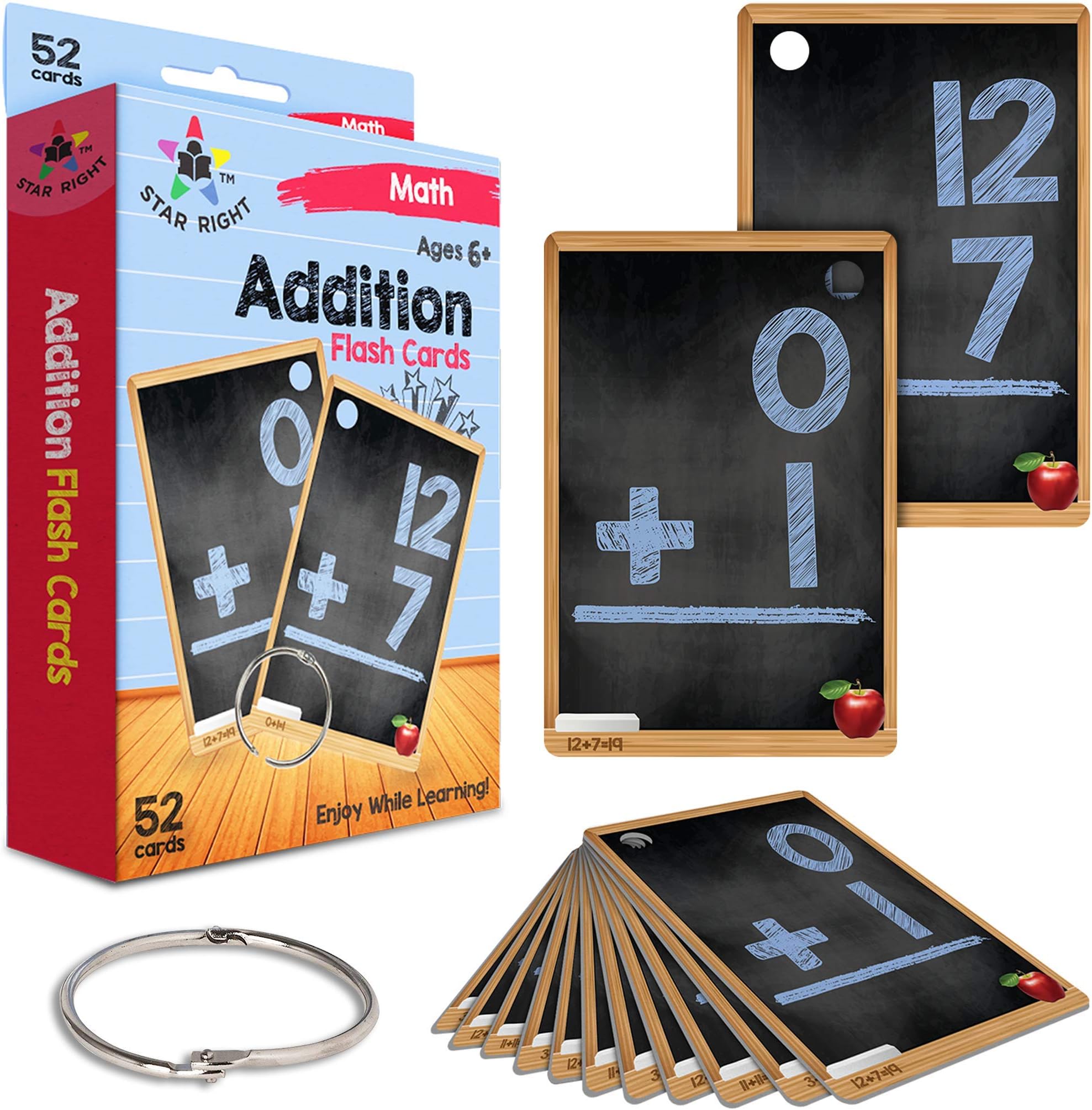 Star Right Multi Math Flashcards Pack - Addition - 1 Ring and 52 Hole Punched Cards Per Set
