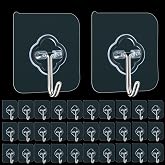 Adhesive Hooks, 32 Pack 33lb(Max) Sticky Hooks, Transparent Reusable Removable Adhesive Hooks for Hanging, Wall Hooks for Han