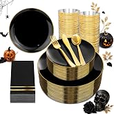 NOCCUR 350PCS Black and Gold Plastic Plates - Black Disposable Dinnerware Set for 50 Guests, 100 Dinner/Dessert Plates, 150 Gold Silverware, 50 Cups&amp;50 Napkins for Party/Birthday/Halloween