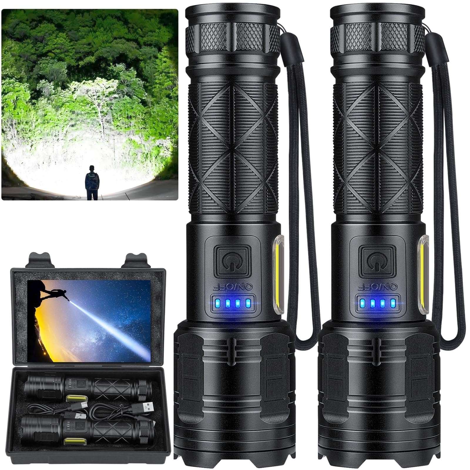 Photo 1 of taoquwe Rechargeable LED Flashlights High Lumens, 99,000 Lumen Super Bright Flashlight with 7 Modes & Waterproof, Powerful USB Rechargeable Handheld Flash Light for Camping Home, Black