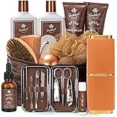 Valentines Day Gifts for Men, 21 Pcs Sandalwood Bath & Body Care Kit, Beard Gift Set for Men, Shave Beard Kit, Leather Bag, Home Spa Kit, Relaxing Men's Gift Basket, Birthday, Father's Day Gift