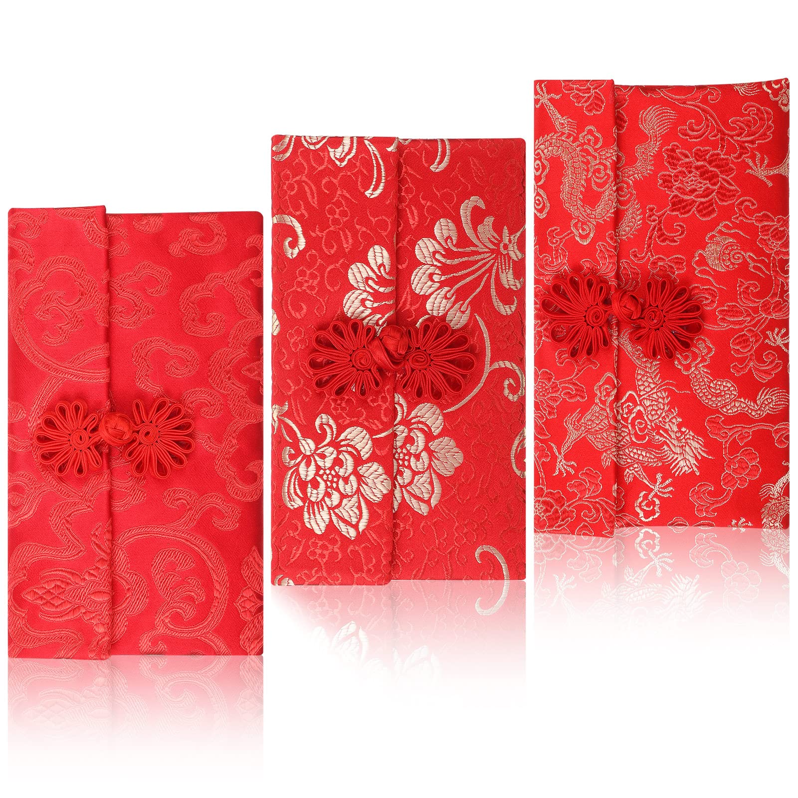 3 Pcs Chinese Element Silk Red Envelopes Dragon Phonix Peony Lucky Money Envelopes Embroidery Chinese Red Money Pockets for Chinese New Year Gift Card Wrap