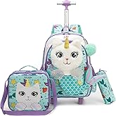 Meetbelify Cute Mermaid 3D Plush Rolling Backpack for Girls Backpack with Wheels for Elementary Student Kids School Bag with Lunch Box Pencil Case for Girls Ages 6-8 Years Old