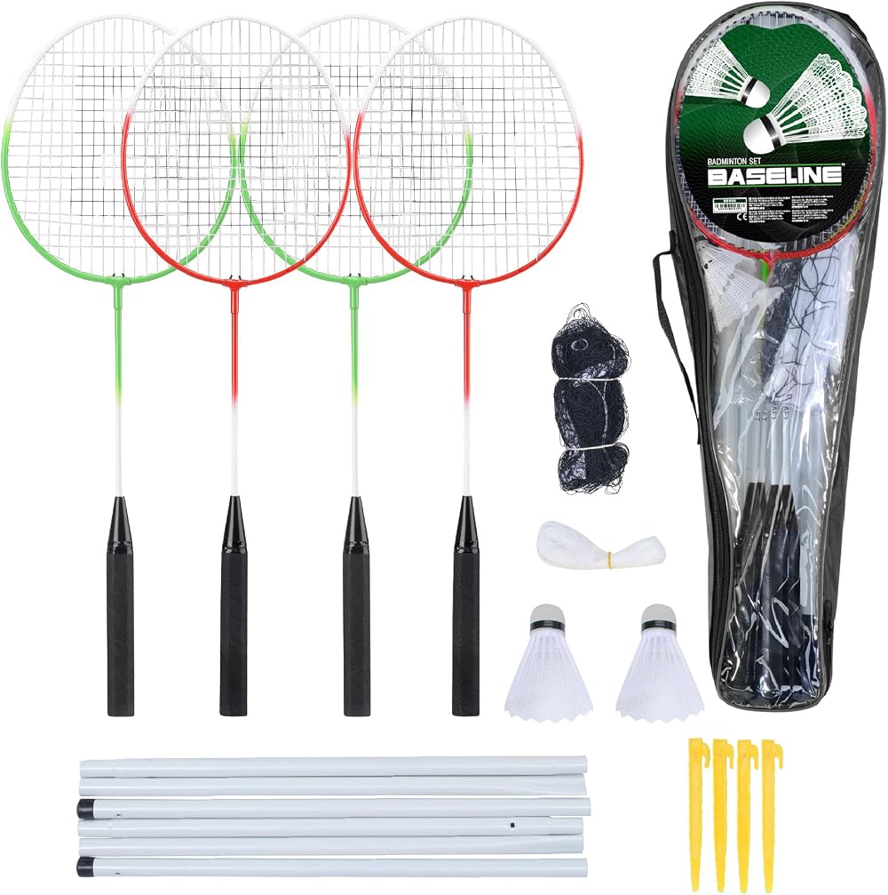 Toyrific Baseline Badminton Racket Set Four Rackets Net Poles Carry Bag