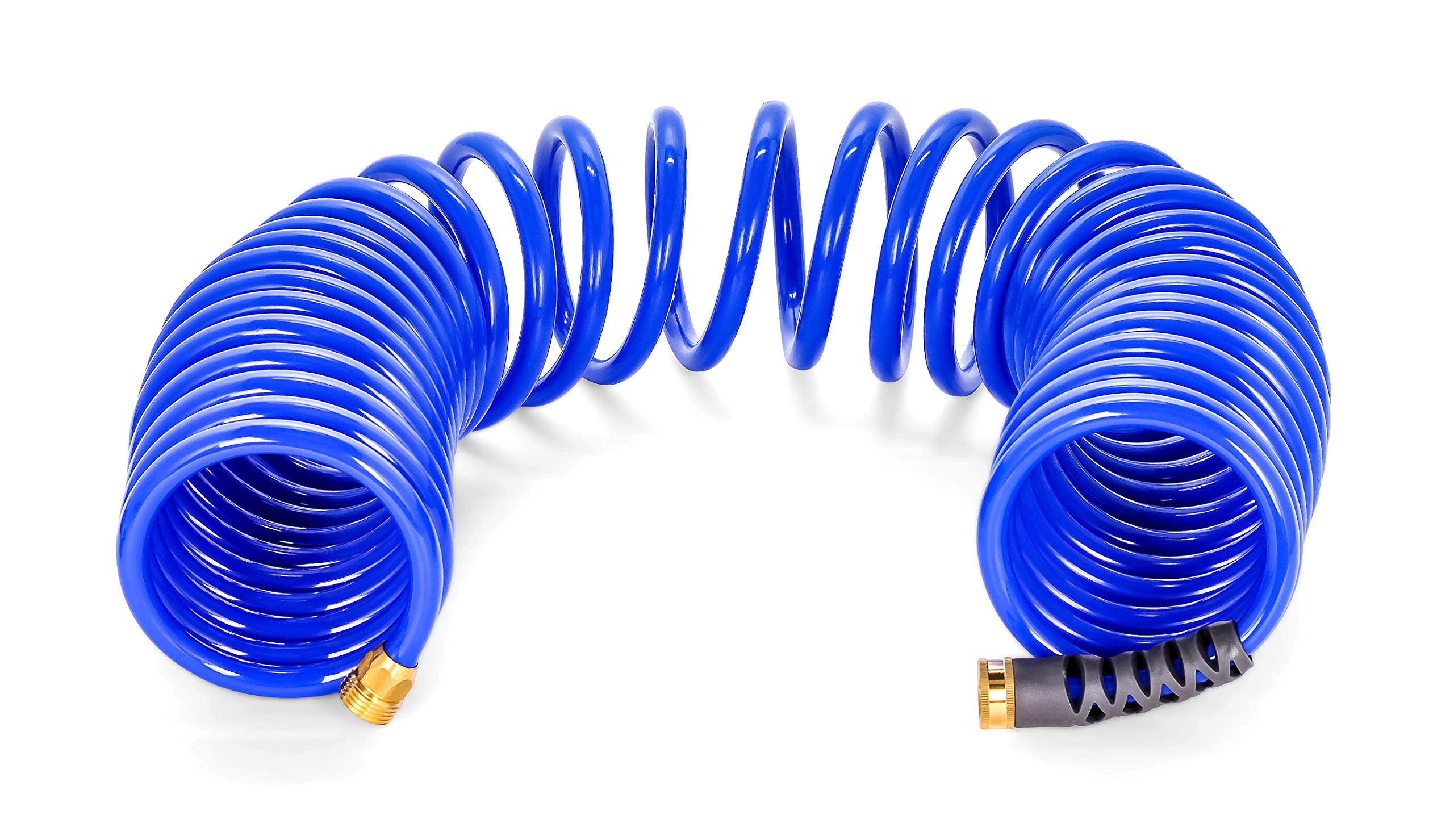 Camco 40’ Coiled Water Rust Resistant Brass Fittings, Hose Design Prevents Kinking and Tangling, for Car Washing and Gardening (41985), Blue