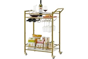 Tajsoon 2-Tier Bar Cart, Mobile Bar Serving Cart, Industrial Style Wine Cart for Kitchen, Beverage Cart with Wine Rack and Glass Holder, Rolling Drink Trolley for Living Room, Gold & White
