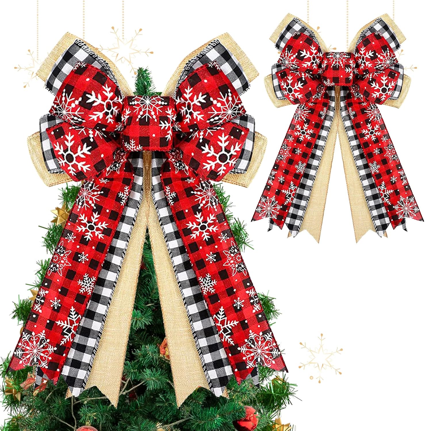 Bows & Ribbons - Christmas Bows Tree Topper Buffalo Plaid Red Black White Snowflake Handmade Bow, Rustic Farmhouse Presents Check Bow Wreath Door Bows for Holiday Christmas Home Decoration (1 Piece)