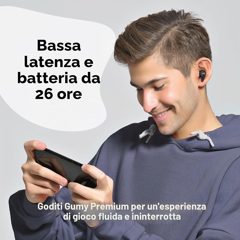 HA-A23T-B - Auricolari True Wireless Gumy Premium con Cancellazione del Rumore, Bluetooth 5.4, Modalità Suono Ambientale, 26 ore di autonomia e Custodia di Ricarica Traslucida, USB-C, Nero