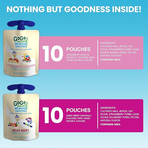 GOGO SQUEEZ MORNING SMOOTHIEZ VARIETY PACK, MIXED BERRY & STRAWBERRY BANANA, 3 OZ (PACK OF 20), GLUTEN FREE YOGURT, FRUIT AND OAT SMOOTHIE SNACKS FOR KIDS, NO PRESERVATIVES, NO FRIDGE NEEDED, BPA FREE SQUEEZE POUCHES