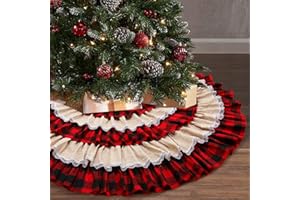 yuboo Buffalo Christmas Tree Skirt, 48 inches Plaid&Burlap Lace Ruffle 6-Layer Farmhouse Fall Ornaments for Buffalo Plaid Christmas Decor