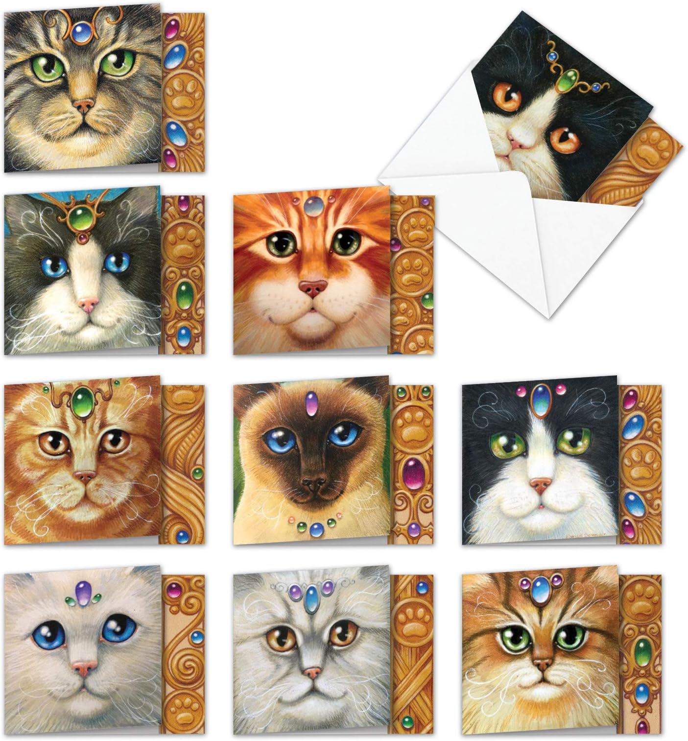 The Best Card Company - 10 All Occasion Blank Cat Cards (4 x 5.12 Inch) - Cute Assorted Bulk Card Set - Fancy Felines MQ4602OCB-B1x10