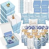 FillTouch 72 Pcs Bridesmaid Proposal Gifts, Will You Be My Bridesmaid, Bride Maid and Matron of Honor Gifts Include Gift Box Glass Cup Makeup Bag Cards Lip Balm Hair Scrunchie Bracelet(Blue, White)