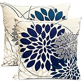 RYSMIYOU Decorative Throw Pillow Covers Set of 2 Blue Pillow Covers 18x18 inch Linen Square Pillow Cases,Farmhouse Modern Geometric Floral Outdoor Pillow Cover for Couch Sofa Living Room Bedroom