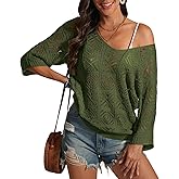 ATHMILE Off The Shoulder Tops for Women Summer Crochet Hollow Out 3/4 Sleeve Pullover Sweater Beach Cover up Vacation Clothes