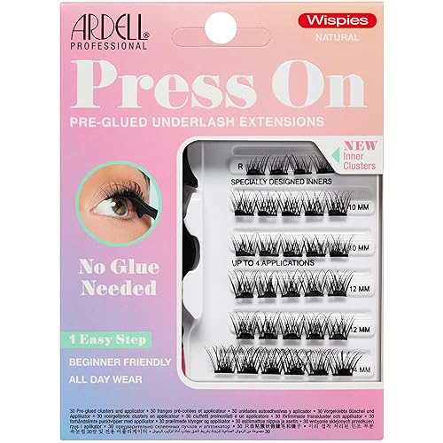 Ardell Press On Pre-Glued Eyelash Extension with Applicator - Wispies Natural, Customizable DIY Lash Clusters, Beginner Friendly Individual Lashes, 30 Count
